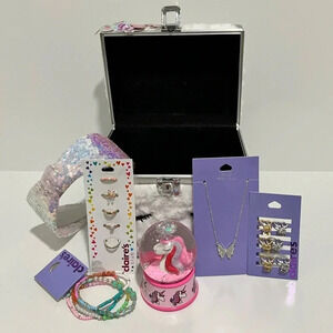 Claire’s trunk with headband, hair clips, necklace, bracelets, rings, & globe